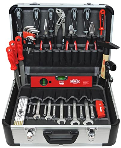 FAMEX 429-88 Profi Alu Werkzeugkoffer mit Werkzeug Set - ERWEITERBAR - Werkzeugkiste gefüllt - viele Werkzeuge aus deutscher Produktion