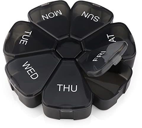Premium Round Black Pill Box Organiser - BPA Free - Travel Tablet Boxes - Easy to Open Large Compartments, Unique Spring Assisted Open Design for Tablets, Vitamins, Medication and Cod Liver Oil