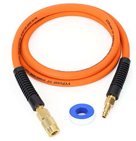 FYPower Air Compressor Whip Hose 3/8 Inch x 6 Feet Lead in Hybrid Hose with Fittings, Flexible and Kink Resistant, 1/4 Industrial Quick Coupler and Plug Kit