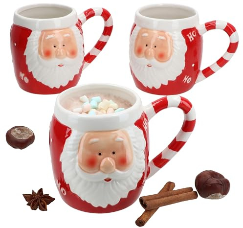 MamboCat 3er Set Kaffeebecher Kerstman I rot mit Schriftzug I 400ml I Santa Claus, Christmas, X-Mas Time, Weihnachten I Gesicht vom Weihnachtsmann I Glühwein, Eierlikör, Punsch, Tasse, Pott I Steingut