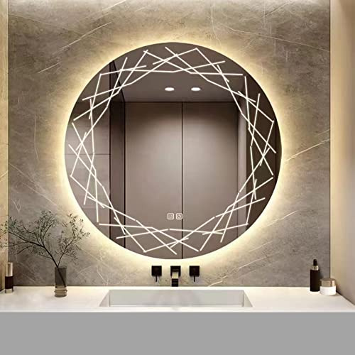 YOSHOOT Specchio da bagno rotondo da 800 mm con motivi Specchio da parete con luce a LED, Specchio cosmetico illuminato più elegante, Luce LED dimmerabile a 3 colori, IP44 (Nido)