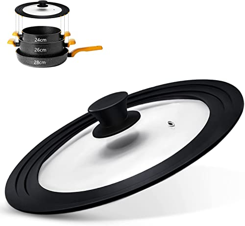 Kiswleon Coperchio universale 24 – 26 – 28, coperchio in vetro resistente al calore, 24 cm, con bordo in silicone, adatto per pentole, padelle, padelle