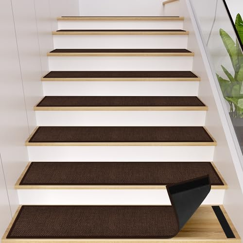 Peel and Stick Self Adhesive Jute Carpet Stair Treads, 15 Pack Rubber Backed Basement Safety Stair Mats, Non Slip Stair Cover Step Pads for Stairs, Deep Brown