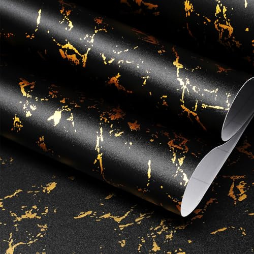 FunStick 60CM×5M Marmor Folie Schwarz Gold Dekofolie Möbelfolie Selbstklebend Wasserfest Folie Schwarz Gold Marmoroptik Wandtapete Badezimmer Küchenplatte Arbeitsplatte