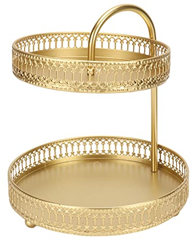 Double Layer Iron Art Fruit Basket Stand, 2 Tier Snack Storage Tray, Golden, Country Style Kitchen Decor, Round Serving Plate