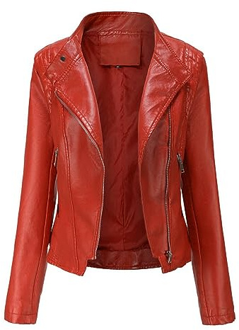 YYNUDA Blouson Cuir Biker Revers Veste Motard Femme Jacket Bombers Aviateur Léger Manteau Moto Printemps/Automne Rouge XL