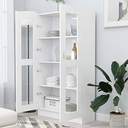 Homgoday Vetrina in vetro con 4 scomparti 2 porte, vetrina soggiorno, mobile soggiorno, credenza sala da pranzo, credenza cucina vetrina in legno ingegneria bianco 82,5 x 30,5 x 150 cm
