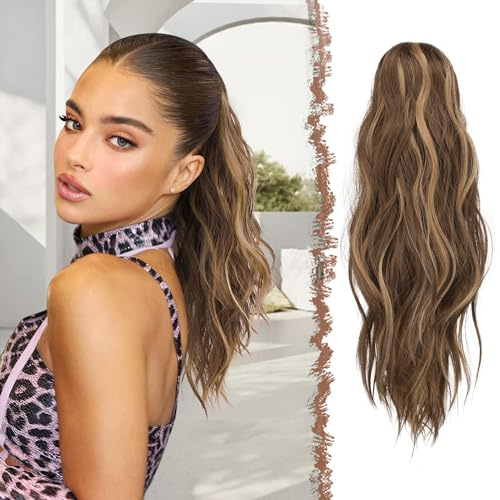 FESHFEN Gewellt Pferdeschwanz Haarteil mit Klammer, 50cm Pferdeschwanz Zopf Extensions Claw Clip in Wavy Ponytail Extension Synthetik Haarverlängerung für Frauen Damen Honigblond Gemischt Hellbraun