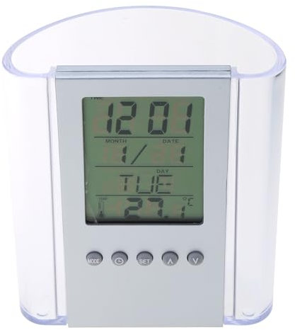 BYUTFA Pen Holder LCD Digital Alarm Clock Desk Pencil Pen Holder Organizer Thermometer Calendar