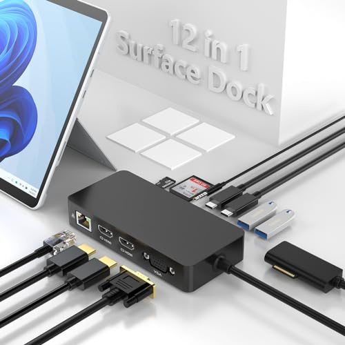 Microsoft Surface Dock Surface Docking Station 12 in 1 mit Dual HDMI, VGA, USB C, USB A, Ethernet, Audio, SD/TF Kartensteckplätze, für Surface Pro, Surface Book, Surface Go