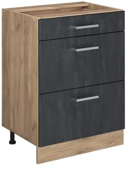 Vicco Küchenunterschrank R-Line, Schwarz Beton, 60 cm | 3 Schubladen · Ohne Arbeitsplatte · Höhenverstellbare Füße · ✓ Leichter Zugriff · ✓ Frei kombinierbar