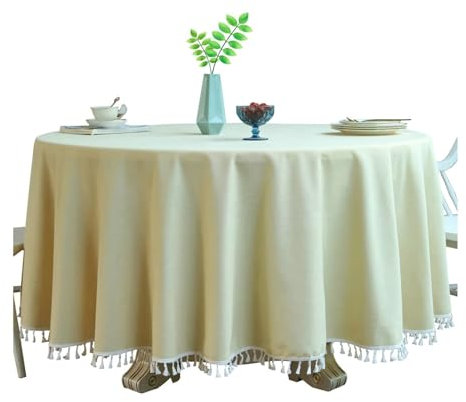 BCughia Tischdecke 140CM Gelb, Tischdecke Abwaschbar Antirutsch Rund Baumwolle Leinen Einfarbig mit Quasten Tischdecke für Küche,Esszimmer,Tischdekoration