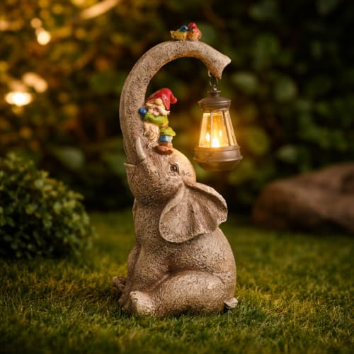 Garden Mile Großer Elefant Gartenfigur mit Solarlaterne – wetterfeste Gartenornamente aus Kunstharz für den Außenbereich, solarbetriebenes LED-Licht, Elefantenstatue für Terrasse/Gartendekoration,