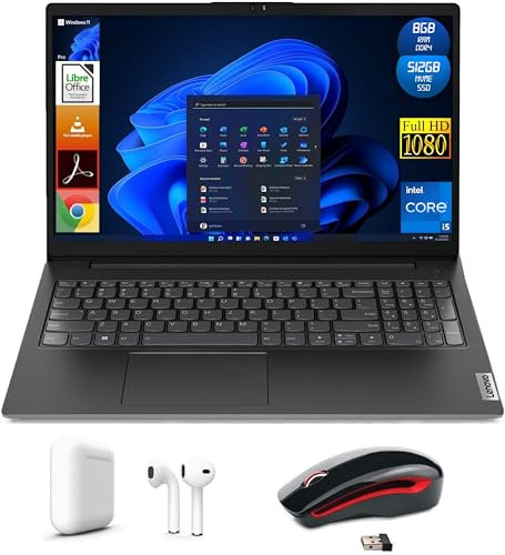 Lenovo V15 Notebook, Display Pc Full HD 15,6, Cpu Intel i5-12th, 8GB Ram DDR4, 512GB Ssd NVMe, Windows 11 Pro | Mouse Wireless | Auricolari Bluetooth | Portatile Pronto all'Uso