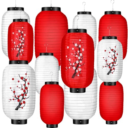 Riakrum 12 Pcs Traditional Japanese Style Hanging Lantern Plum Blossom Paper White Red Japanese Lantern Decorations for Birthday Restaurant Wedding Party Festival Decorations