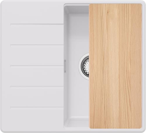 PRIMAGRAN Evier Cuisine en Granit Blanc 55x50cm, Lavabo 1 bac + Kit de Vidage + Planche à Découper, Évier à Encastrer al mueble 40cm - Copenhague