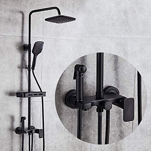 VBNCUUIOPO Ensemble de douche moderne carré noir 4 fonctions avec vanne de mélange en cuivre mat, système de douche à main noir mat, buse rehausseur, robinet, bidet avec étagère, pommeaux de douche