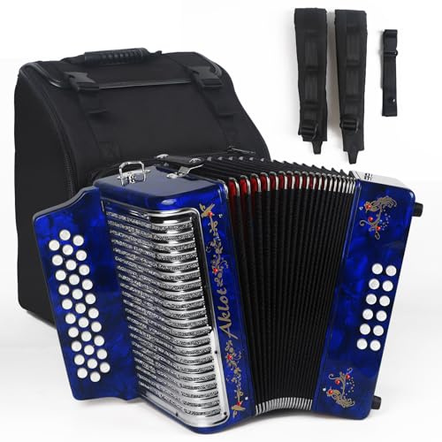 AKLOT 31 Key 12 Bass Accordion,FBE,Celluloid Body, Metal Cover Accordions Louder Clearer Timbre than Plastic,Luxury Thicker Backpack,Straps,Embedded Imitation Diamond 31 Buttons Diatonic Acordeón Blue
