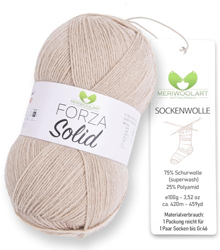MeriWoolArt® Sockenwolle 4-fädig – 100g Merino Wolle Garn zum Stricken & Häkeln, 75% Schurwolle (superwash), 25% Polyamid, 420m – Ideal für Socken für Herren und Damen, Pullover & Cardigans 4604