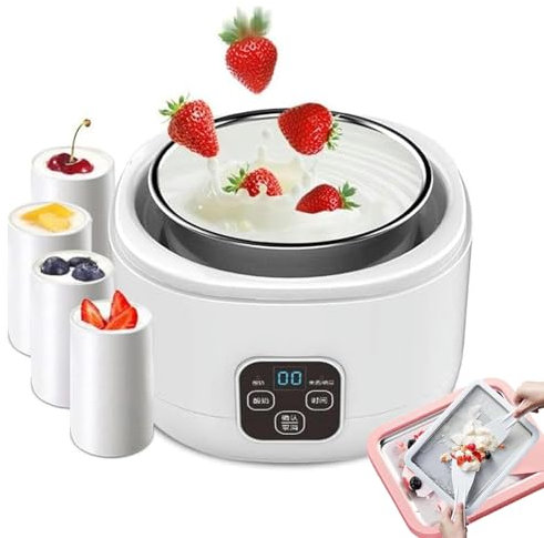 WaaYb Macchina per Yogurt Multifunzionale, Macchina per Formaggio Digitale Automatica da 1 litro con 4 vasetti e 2 vaschette per Gelato, gelatiera in Acciaio Inossidabile 304 con Controllo della