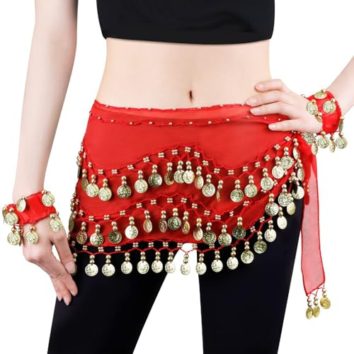 sunnilly Damen Bauchtanz Gürtel,Chiffon Hüfttuch Bauchtanz Gürtel Bauchtanz,128 Münzen Bauchtanz Rock,Röcke Pailletten Münzen Bauchtanz,Gürtel Orientalischer Tanz Damen,Bauchtanz Kostüm für Mädchen