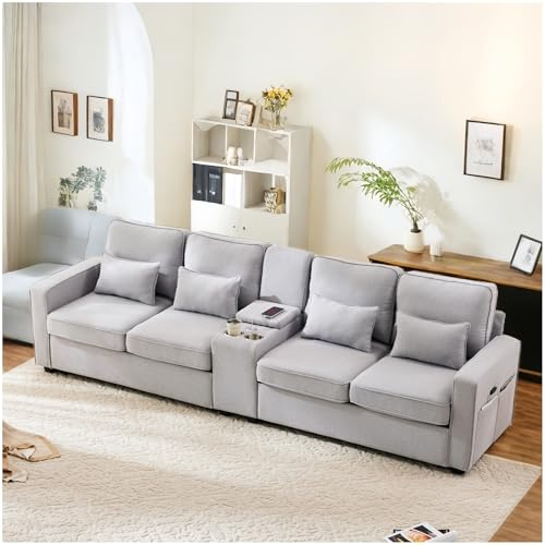 Lubvtti Sofá 4 plazas con Consola, 2 portavasos y 2 Puertos de Carga USB, sofá Moderno de Tela de Lino con Bolsillos en los reposabrazos y 4 Cojines, sofá Simple para salón, Oficina, Gris Claro