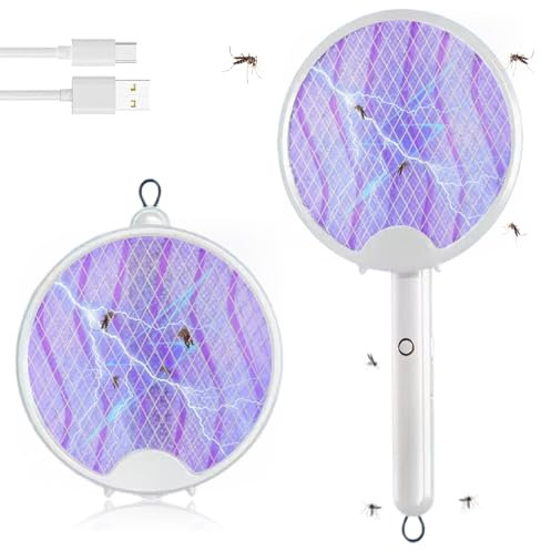 BNGXR 3 in 1 Racchetta Zanzare Elettrica 800mAh Pieghevole Mosquito USB Ricaricabile e LED Luce Uv Uccidi Zanzare e Mosche Assassino di Zanzare Portatile 3000V per Giardino Campeggio Interni (Bianco)