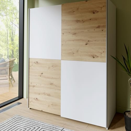 FORTE Schach & MATT Kleiderschrank 150, Minimalistischer Schwebetürenschrank mit Zwei 2 Türen, Artisan Eiche/Weiß, 150,1 cm breit, 190,5 cm hoch, 61,2 cm tief