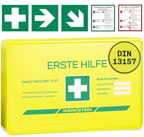 WERKSTEIN® Erste Hilfe Verbandskasten Gelb inkl. Wandhalterung | [DIN 13157:2021] - Erste Hilfe Kasten für Betriebe, Zuhause & Einrichtungen - Erste Hilfe Koffer