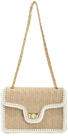 Fecialy Stroh Crossbody Taschen für Damen Sommer Stroh Strand mit Perlen Raffia Schulter Handtaschen