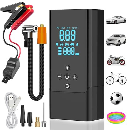 Emergency Car Battery Booster Jump Starter Power Pack with Air Compressor | Tyre Inflator Pump 150 PSI Rechargeable 1000A Mobile Power Bank with Smart Leads for Dead Battery SOS Flashing Lights Torch