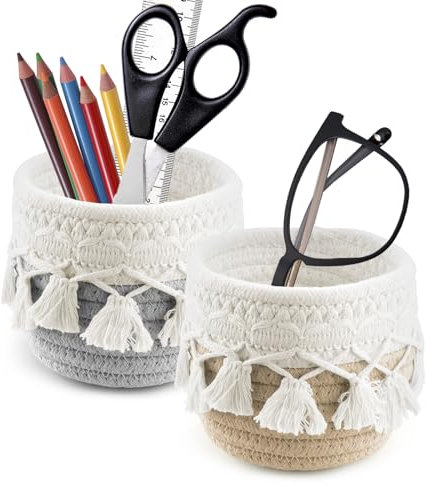 Realand Lot de 2 supports de lunettes anti-rayures pour table de nuit, décoration bohème, organiseur de bureau pour lunettes de soleil, maquillage, pinceaux, crayons, kaki + gris