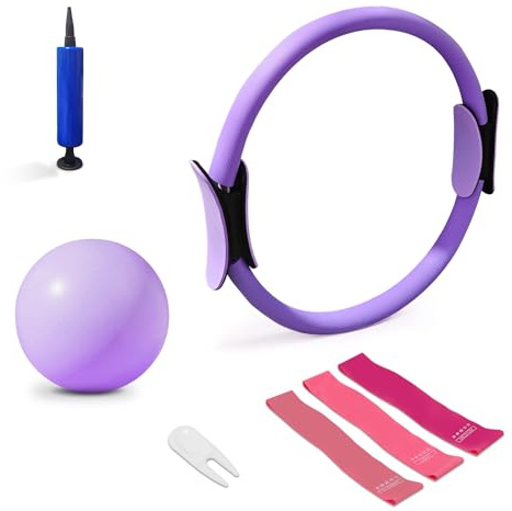 BYUSLOR Pilates Ring Set, 40cm Magic Circle 22.9 cm Gymnastikball, 3 Widerstandsbänder (10/20/13.6 kg), Home und Travel Pilates Equipment Kit für Toning, Kraft & Flexibilität, Lila