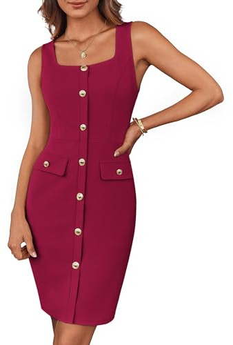 GRACE KARIN 2025 - Vestido de trabajo para mujer, con botones, cinturón, cuello cuadrado, sin mangas, entallado