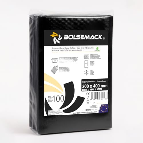 Bolsemack - Bolsas de vacío para alimentos 30x40cm (100 uds.). Trasera gofrada, color Negro Opaco, Sin BPA, Reutilizables, Sous-Vide, Compatible con todo tipo de Envasadora Doméstica, UE