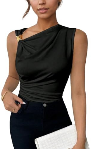 EMOTTOS Damen Sommer Top Tanktop Y2K Metallische Dekorative Ärmellose Schmal Geschnittene Rüschenweste Stretch-Stoffe Sexy Slim Fit Enges Oberteil Party Freizeit Plissee Vest, Schwarz, M