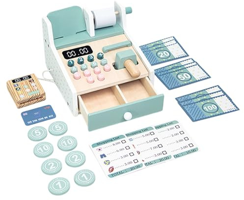 Taschenrechnerspielzeug aus Holz – Set mit Registrierkasse, Rollenspiel | Bildung, Simulation, Lernregister, Finanzkonzepte, interaktives Spielset mit AC
