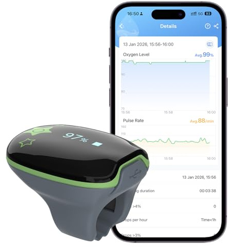 Pulse Oximeter, Oxygen Monitor Continuously Track Blood Oxygen Levels & Pulse Rate, Ring Monitor with Smart Reminder, Rechargeable O2 Pulse Ox, with App & PC Chart Report