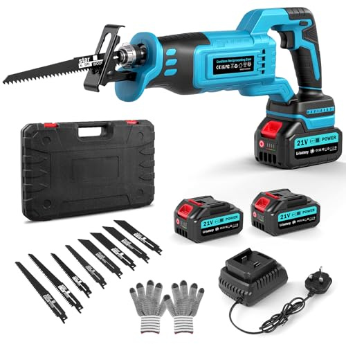 papasbox Cordless Reciprocating Saw, 21V Electric Wood Saw with 2 * 4Ah Battery&Rapid Charger, Brushless Electric Saws, 0-4000RPM Variable Speed Saw to Wood and Metal, Bone, PVC Cutting, 8 Blades