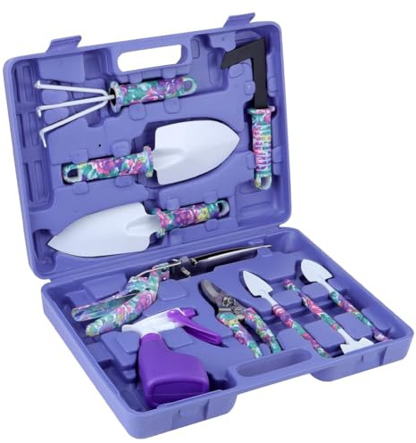 Set di 10 attrezzi da giardinaggio, antiruggine e resistente, con scatola di conservazione, adatto per piantare, potare, è un pratico accessorio da giardino (viola)