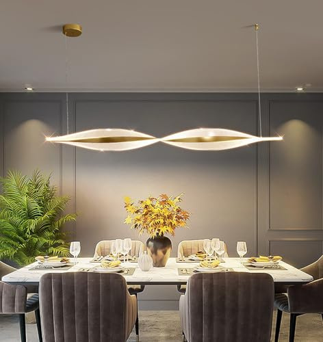DDYY Dimmbare LED Pendelleuchte,golden Hängeleuchte mit Fernbedienung,3000K-6000K,Hängelampe Linear Design,Hängend 120Cm Höhenverstellbar Kronleuchter Für Esszimmer Küche Esstisch Lampe (120cm/40w)