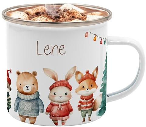 Kidsmood – Emaille Tasse mit Namen & Weihnachtsmotiv | Personalisierte Tasse für Kinder & Familie | Geschenk zu Weihnachten für Kinder, Mama, Papa, Oma & Opa | Bruchsicherer Trinkbecher