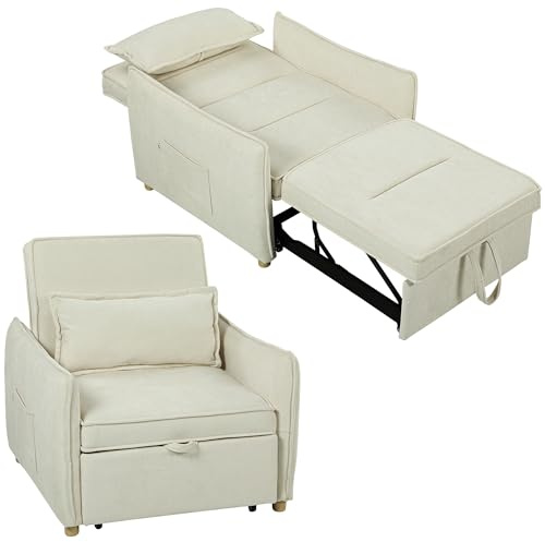 HOMCOM Schlafsessel 3 in 1 Umwandelbarer Sessel mit Bettfunktion, Verstellbarer Rückenlehne, Breiter Sitzfläche, Schlafsofa mit Lendenkissen, Seitentasche, Chenille-Optik für Wohnzimmer, Cremeweiß
