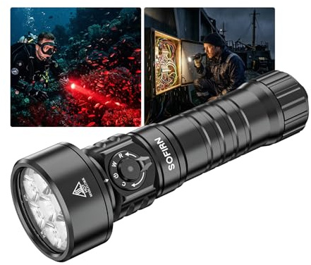 sofirn SD11 Dive Light, 5000LM, CRI 90, Torcia impermeabile ricaricabile con luce rossa 660NM, 3000K-6500K, USB-C, IPX8, con supporto da 1/4, cordino, per fotografia subacquea, pesca, lavoro in acqua