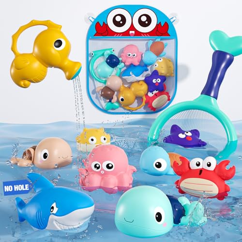 KADAYAYA Juguetes de Baño Bebé Set 11 Piezas con Animales Marinos y Red – Juguetes Bañera sin Agujero Bebé Bath Toys de Baño Flotante,Juguete Bañera Infantil para Baño y Piscina