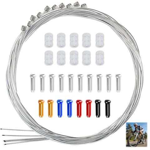 10pcs Câble de Dérailleur Vélo Changement de Vitesse 2m, 1,2 mm en Acier | avec 10 Embouts Argentés, 8 Embouts Colorés et 10 Joints Toriques Silicone, Universel VTT, Vélo Route