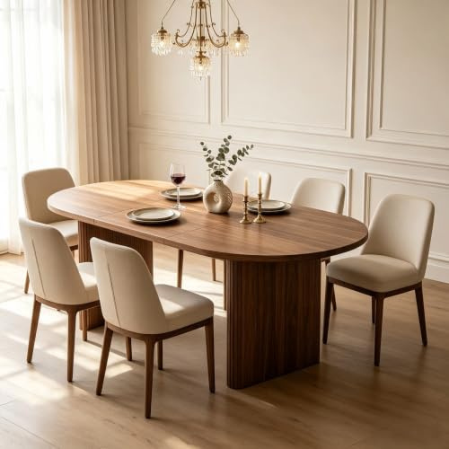 Calivra Table de salle à manger extensible de 140/200 x 90 cm, 6-8 personnes, plateau de 3 cm, coins arrondis, pieds à lattes, design moderne en noyer