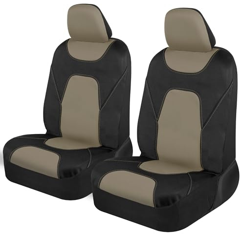 Motor Trend AquaShield Car Seat Covers for Front Seats, Beige – Two-Tone Waterproof Seat Covers for Cars, Neoprene Front Seat Cover Set, Interior Covers for Auto Truck Van SUV