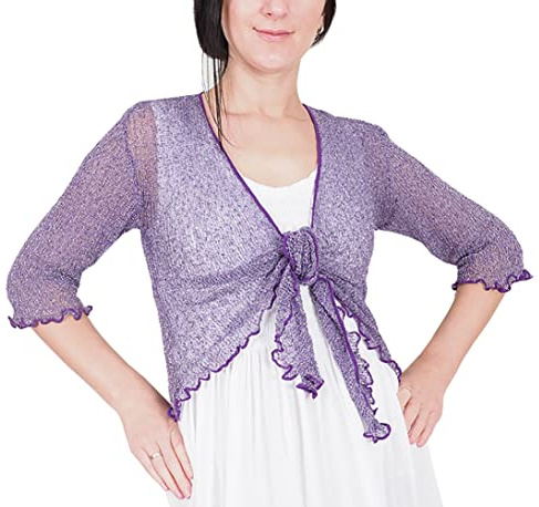 Mimosa damer virkad rull Bolero glitter eller vanlig superstretchig spets fisknät slips i midja Bolero öppen cardigan passar UK 6-28, Lila/silver, one size