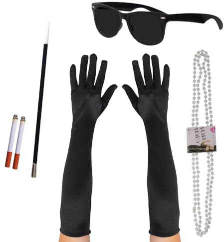 Juego de Desayuno matutino para Dama con Guantes Largos de Codo Negro, Soporte para cigarreta Negro, 2 cigarretas Falsas, Gafas de Sol Negras, Collar de Perlas - 1920 para Mujer